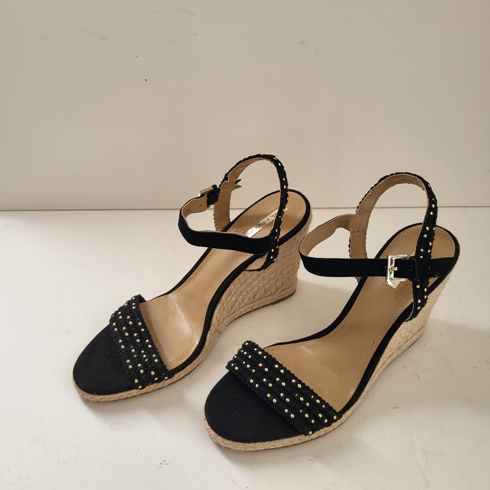 Tahari Black and Tan Studded Wedges